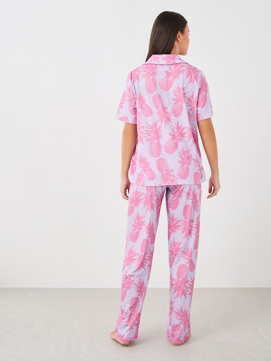 All-Over Pineapple Print Pompom Pocket Shirt and Pyjama Set