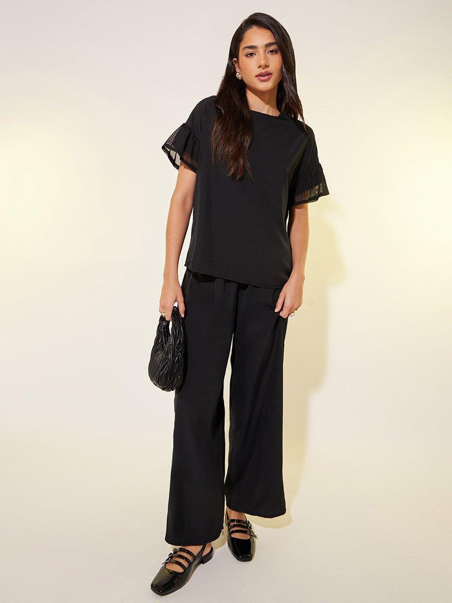 Solid Mesh Sleeves Top and Pants Co-Ords