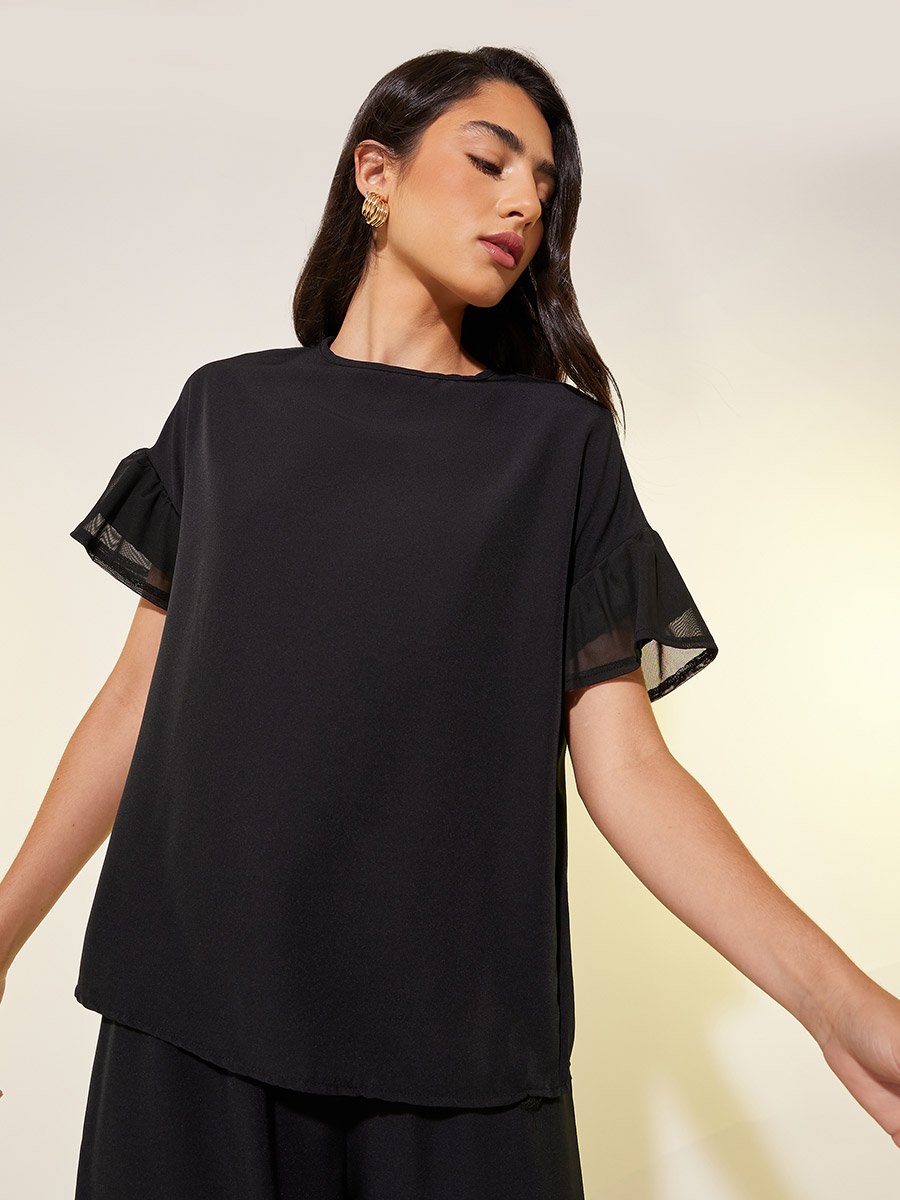 Solid Mesh Sleeves Top and Pants Co-Ords