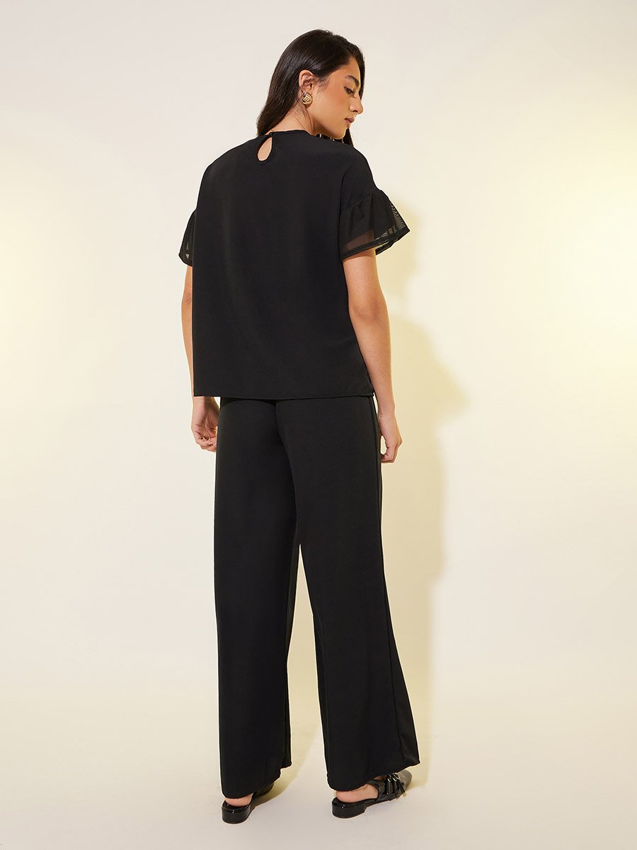 Solid Mesh Sleeves Top and Pants Co-Ords