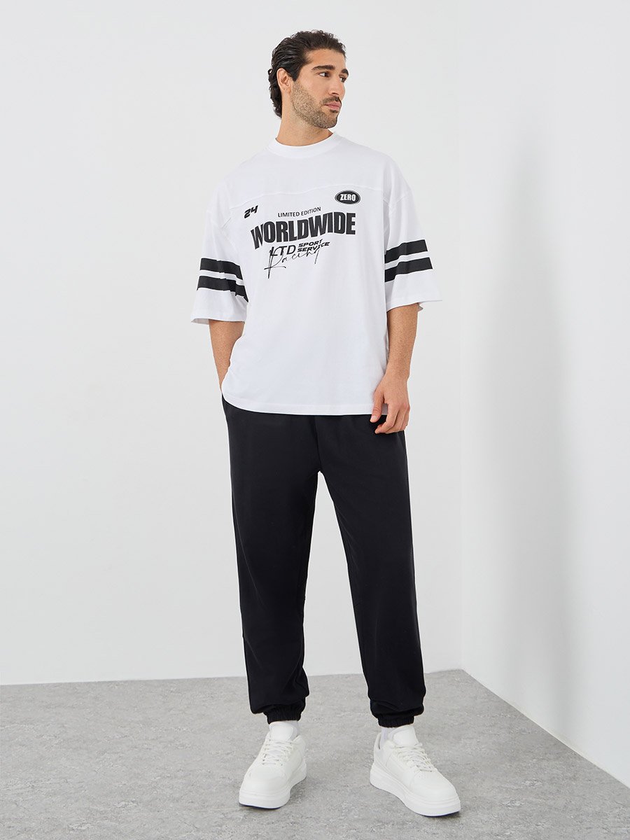 Back Slogan Print Cut and Sew Oversized Joggers with Drawstring