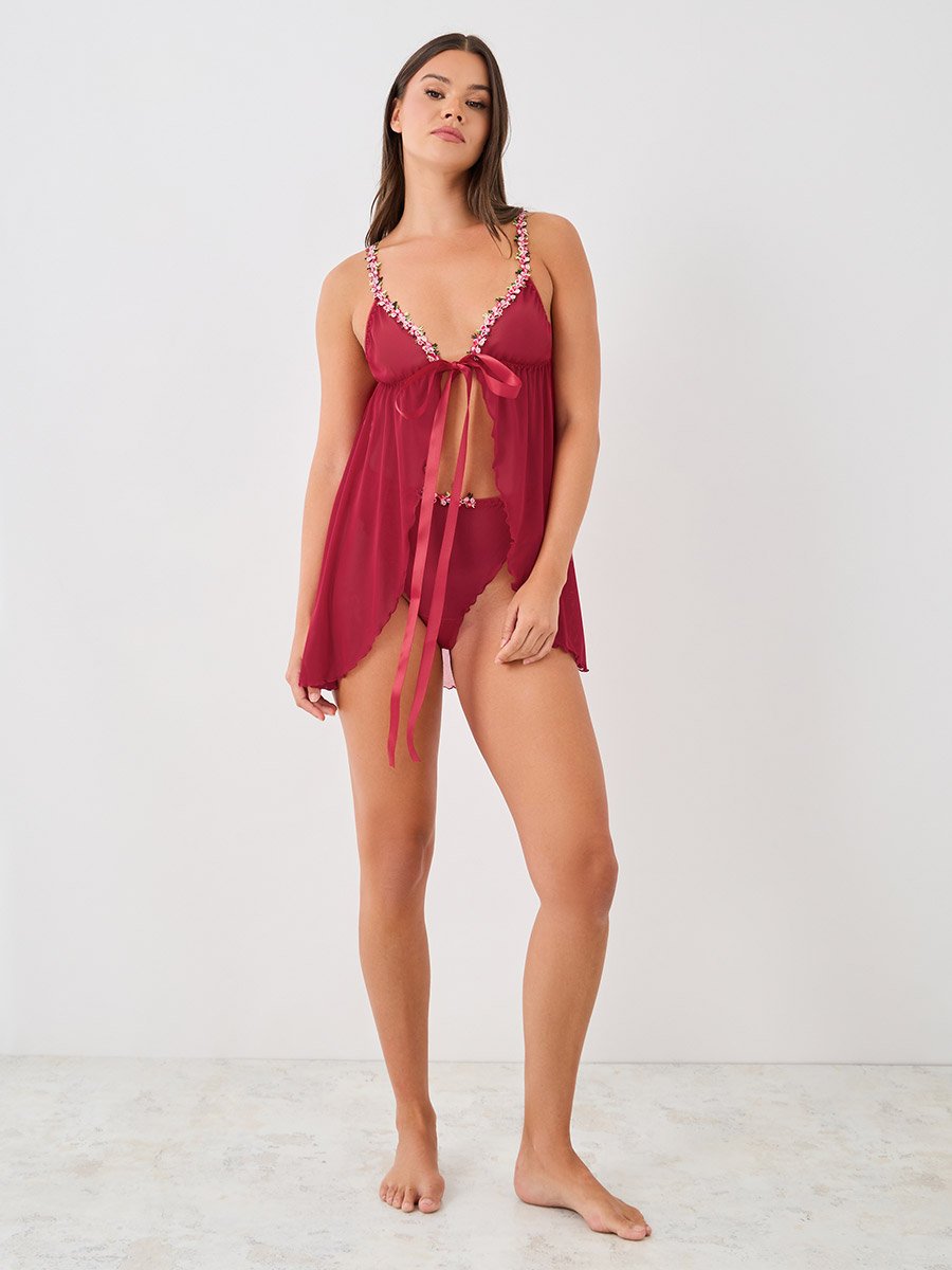 Floral Lace Edge Detail Front Open Babydoll with Briefs