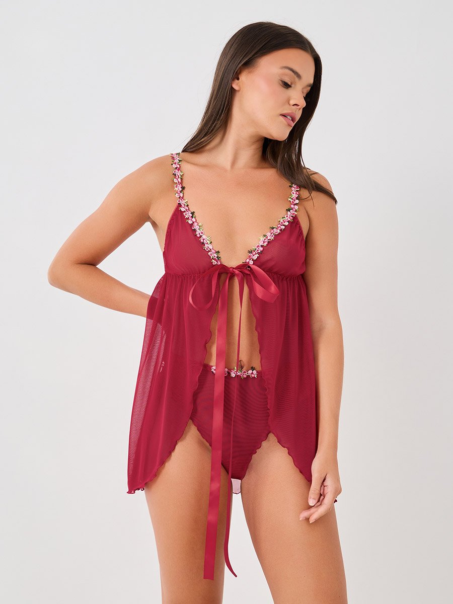 Floral Lace Edge Detail Front Open Babydoll with Briefs