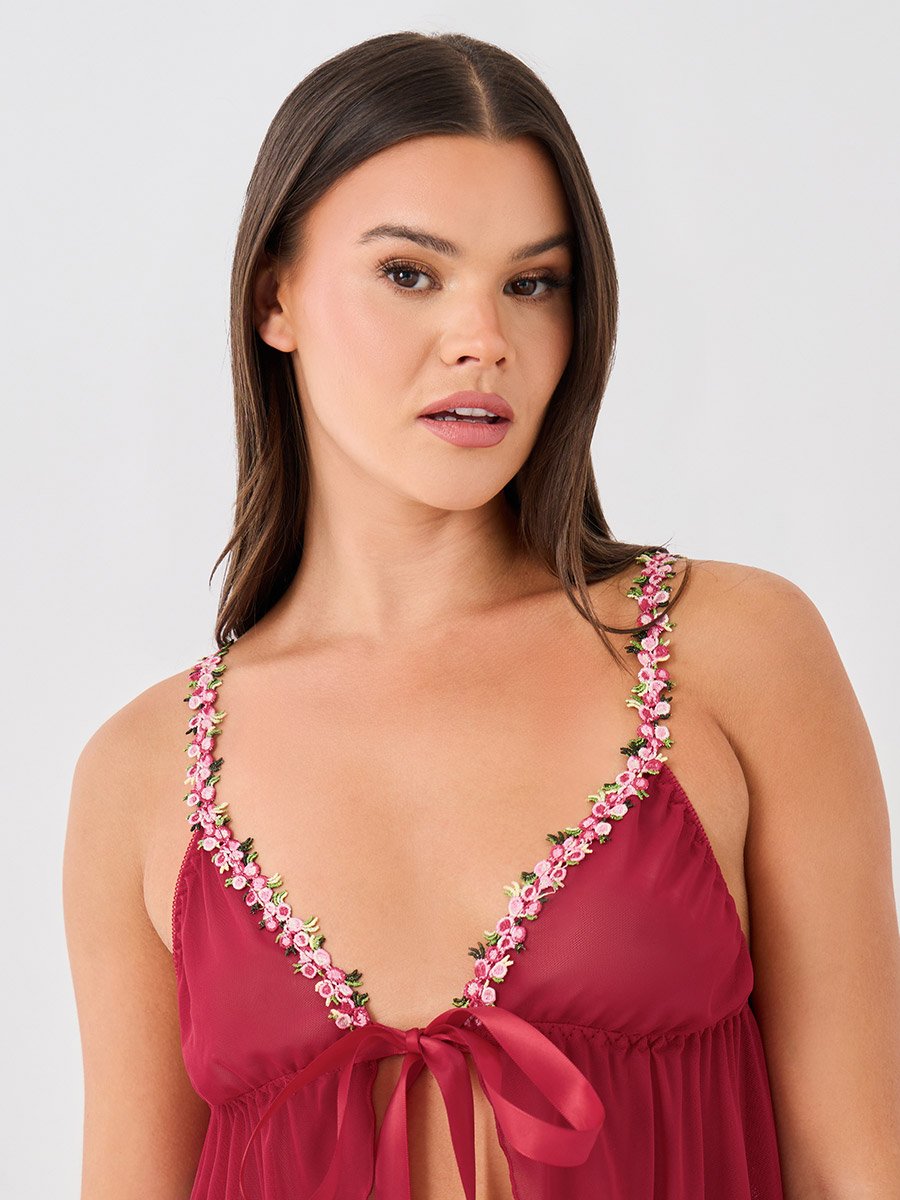 Floral Lace Edge Detail Front Open Babydoll with Briefs
