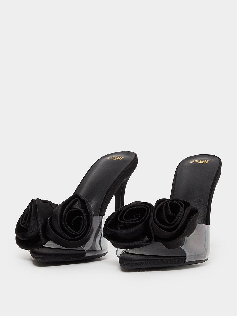 Flower Detail Transparent Strap Stiletto Heel Sandals