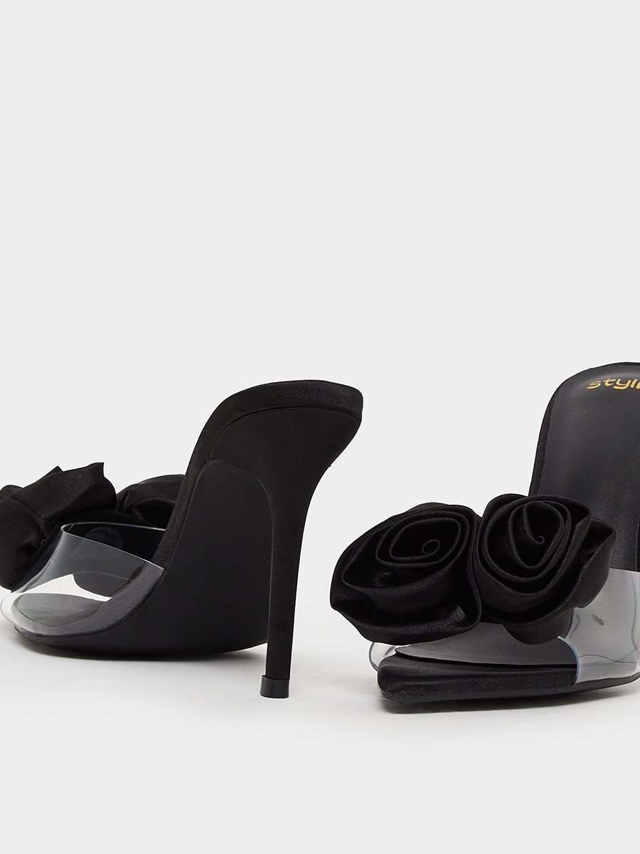 Flower Detail Transparent Strap Stiletto Heel Sandals