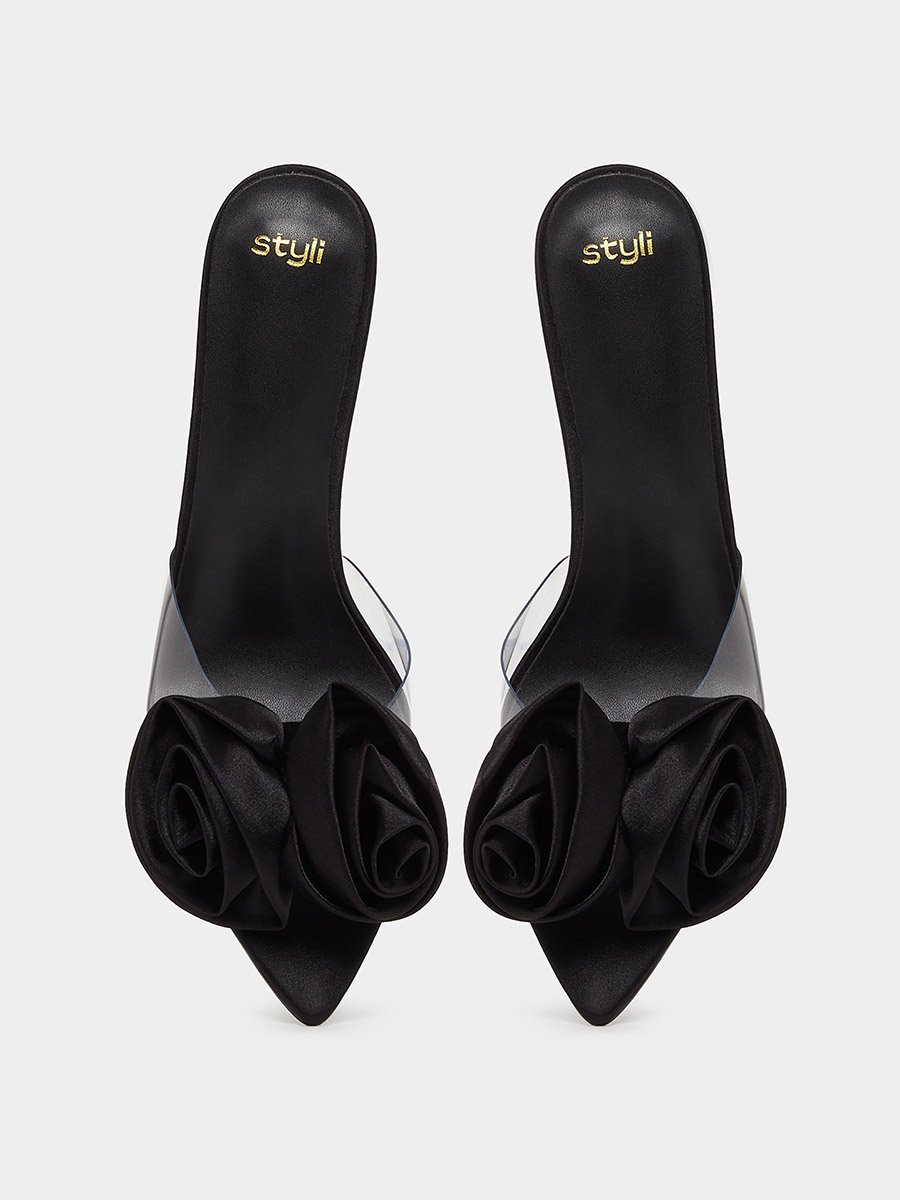 Flower Detail Transparent Strap Stiletto Heel Sandals