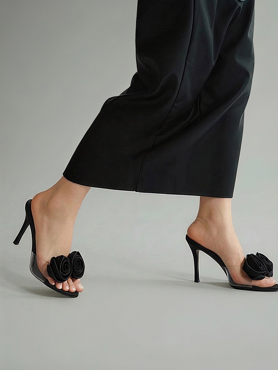 Flower Detail Transparent Strap Stiletto Heel Sandals