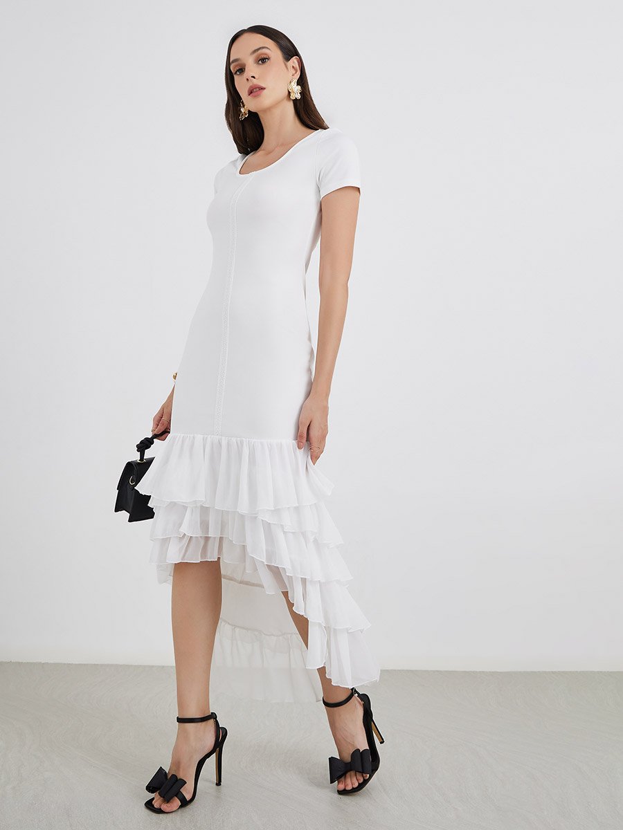 Plain Layered Frill High-Low Hem Maxi Dress