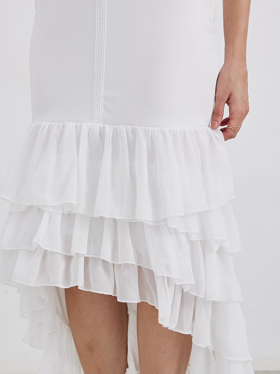 Plain Layered Frill High-Low Hem Maxi Dress