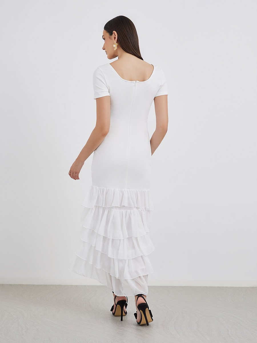 Plain Layered Frill High-Low Hem Maxi Dress