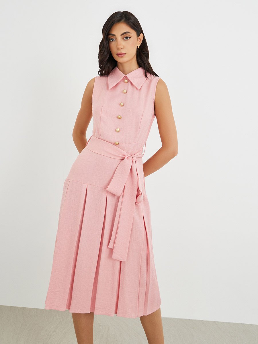 Plain Sleeveless Pleated A-Line Midi Dress with Tie Waist