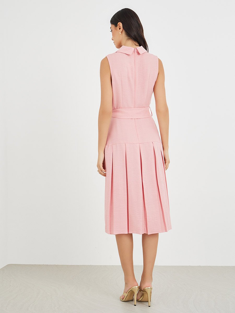 Plain Sleeveless Pleated A-Line Midi Dress with Tie Waist
