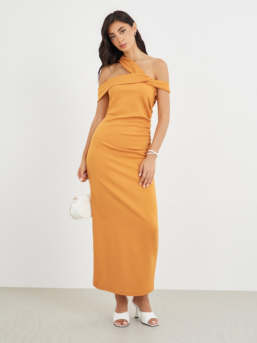 Solid Asymmetric Neckline Bodycon Maxi Dress
