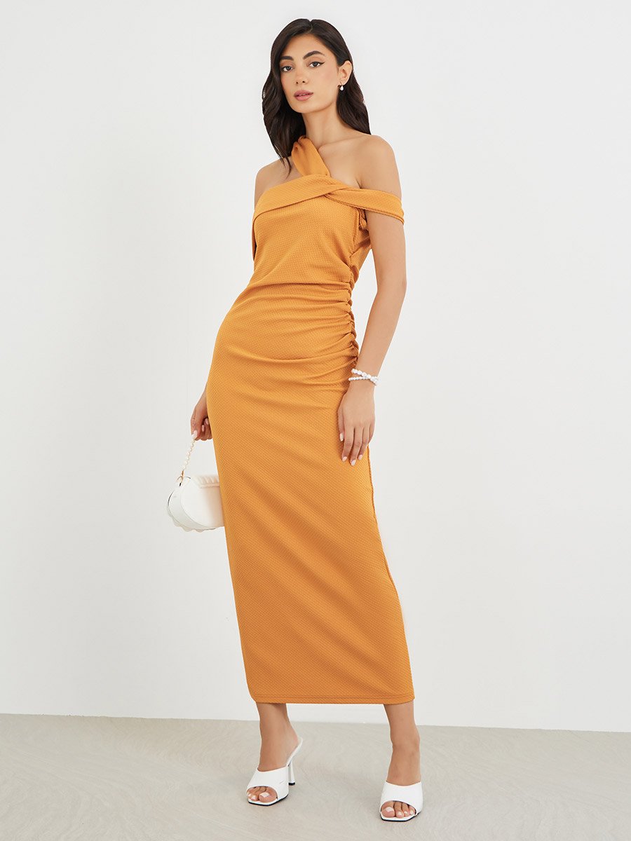 Solid Asymmetric Neckline Bodycon Maxi Dress