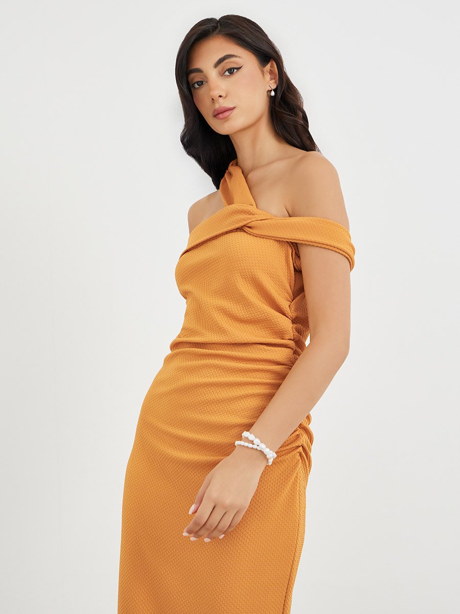 Solid Asymmetric Neckline Bodycon Maxi Dress