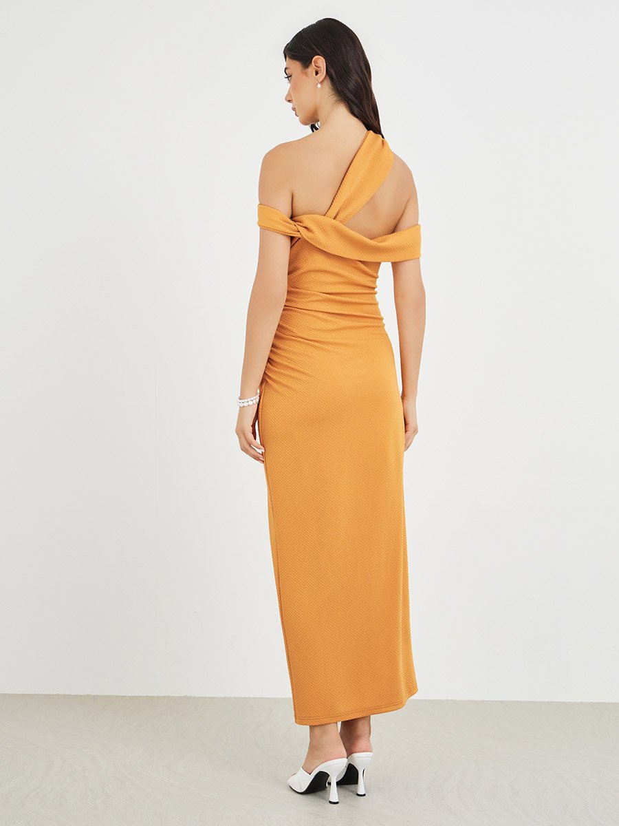 Solid Asymmetric Neckline Bodycon Maxi Dress