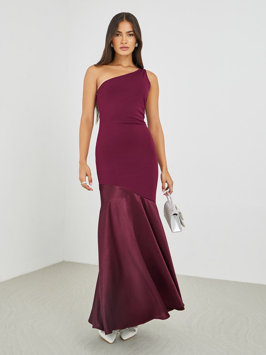 Solid One Shoulder Mermaid Hem Maxi Dress