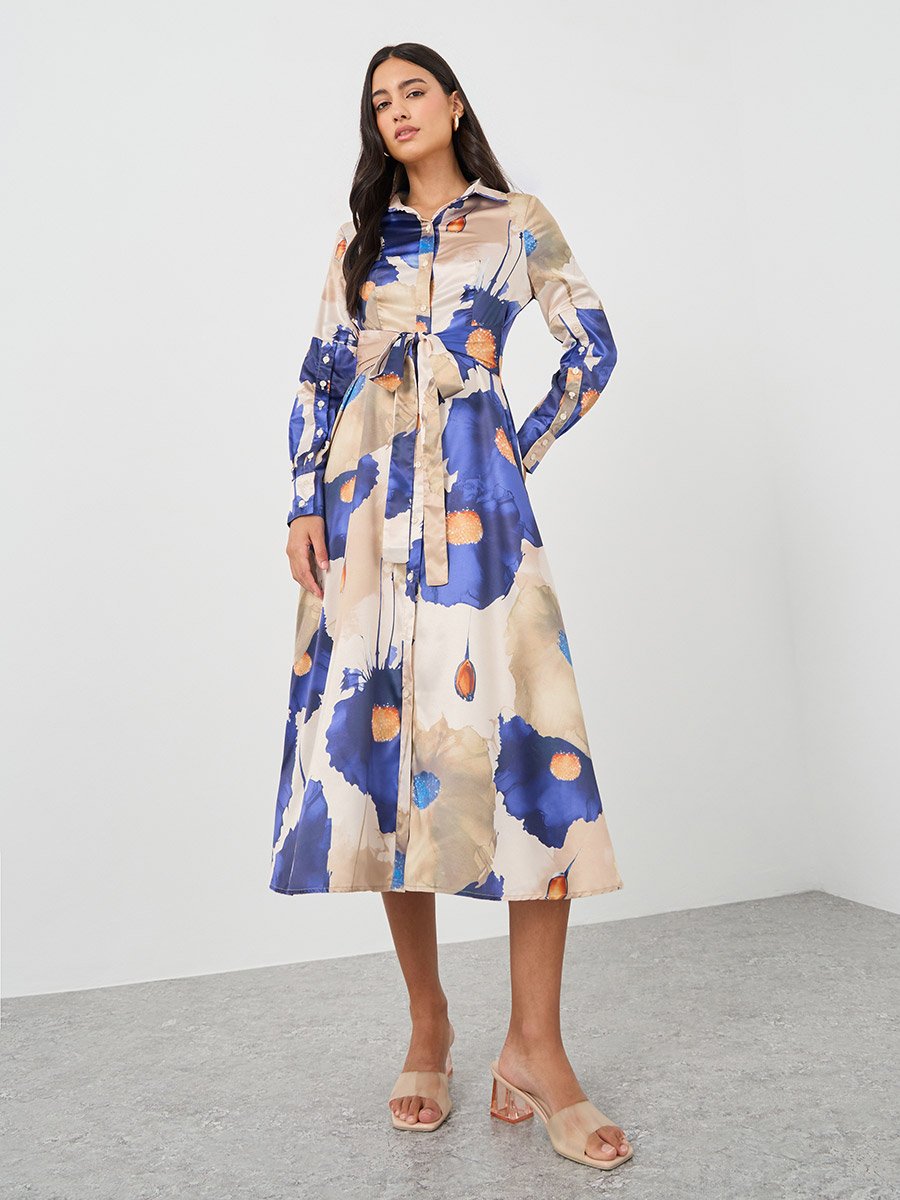 Printed Long Sleeve Shirt Midi Dress