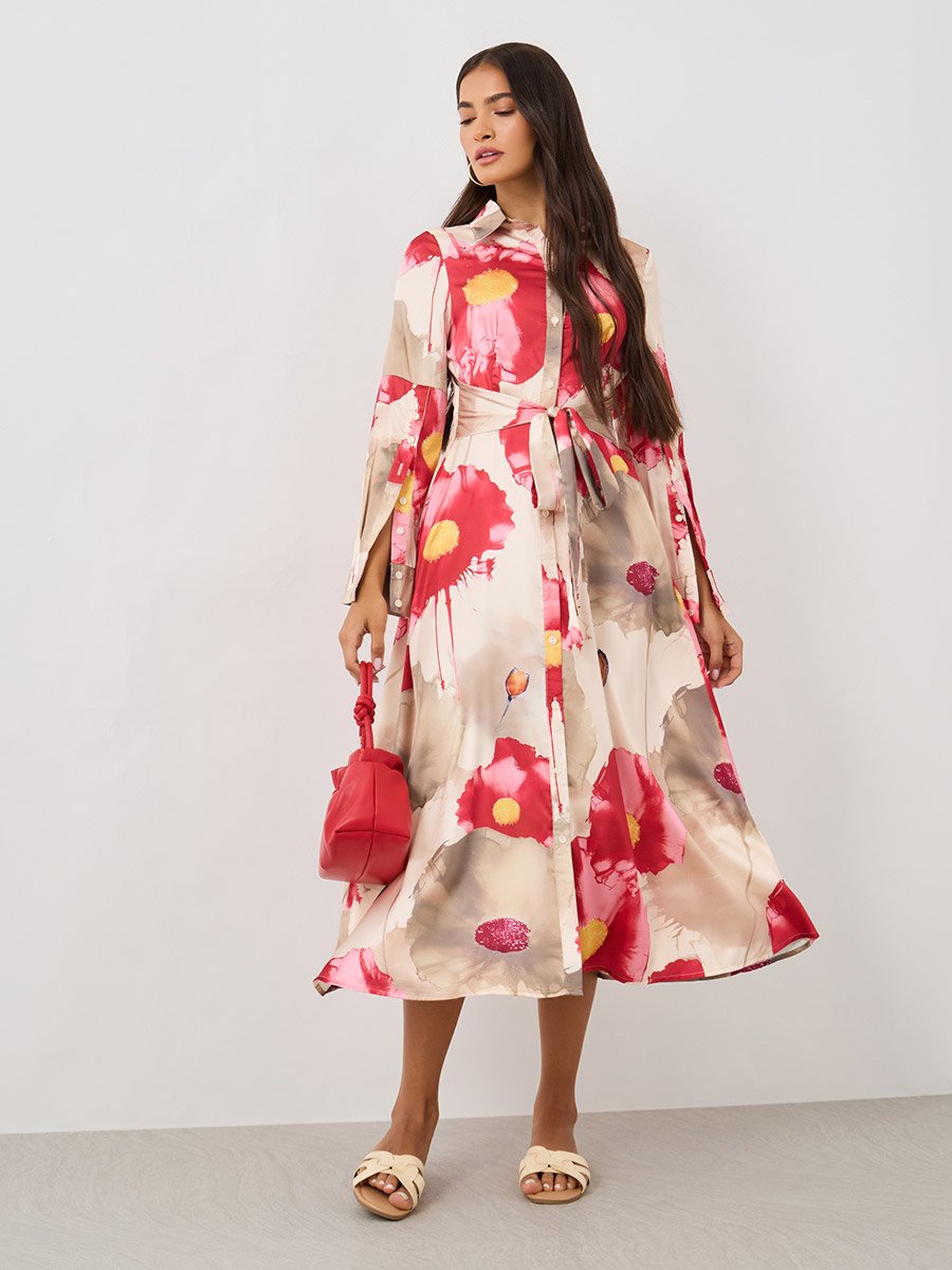 Printed Long Sleeve Shirt Midi Dress