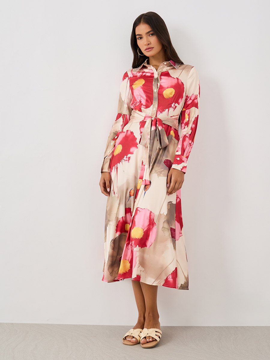 Printed Long Sleeve Shirt Midi Dress