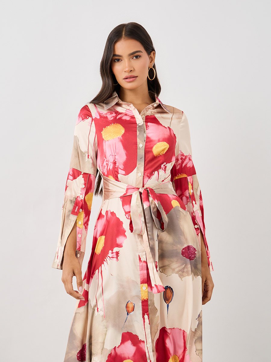 Printed Long Sleeve Shirt Midi Dress
