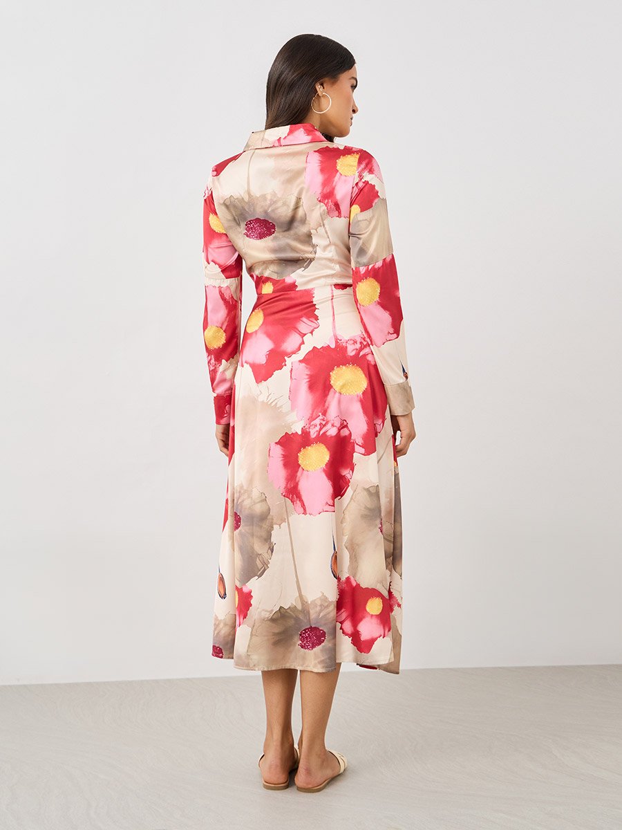 Printed Long Sleeve Shirt Midi Dress