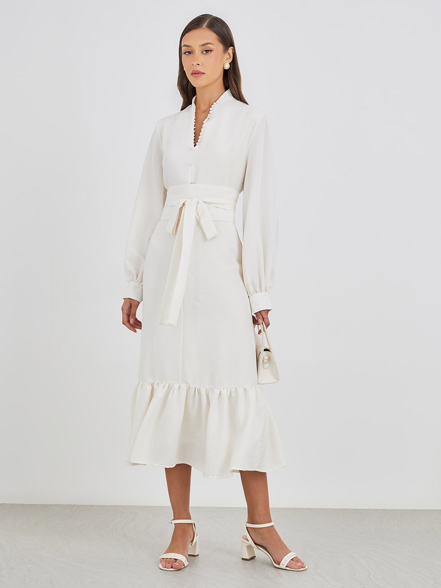 Women White Plain Belted A-Line Midi Dress