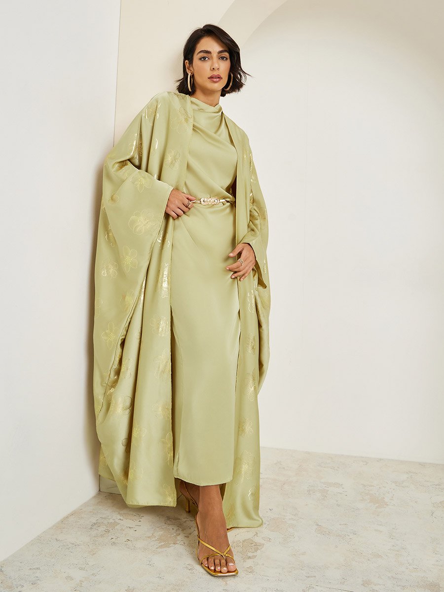 Satin Cape Sleeve Printed Abaya Cowl Neck Maxi Dress with Belt Set