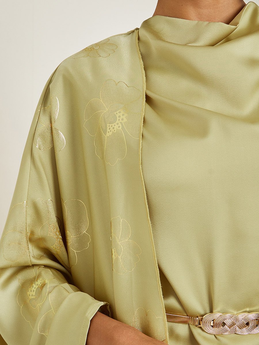 Satin Cape Sleeve Printed Abaya Cowl Neck Maxi Dress with Belt Set