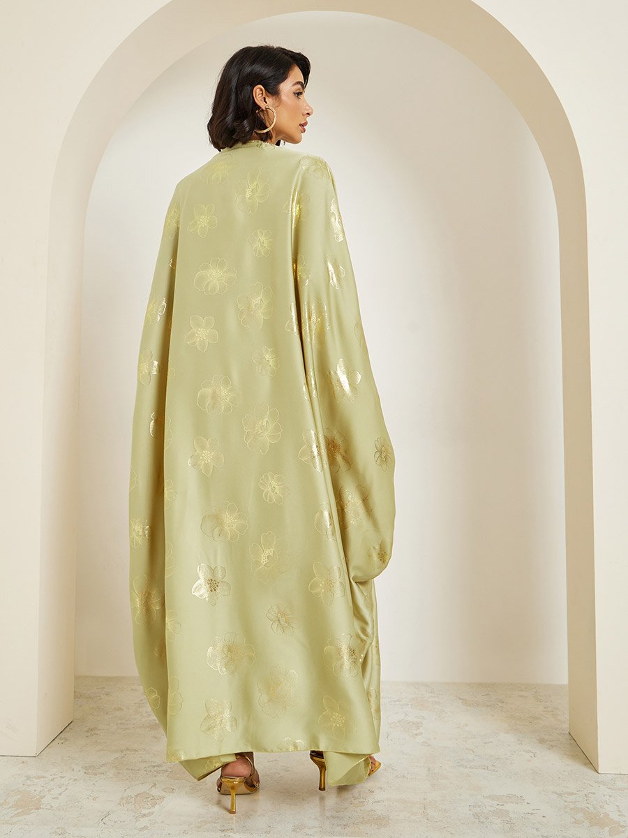 Satin Cape Sleeve Printed Abaya Cowl Neck Maxi Dress with Belt Set