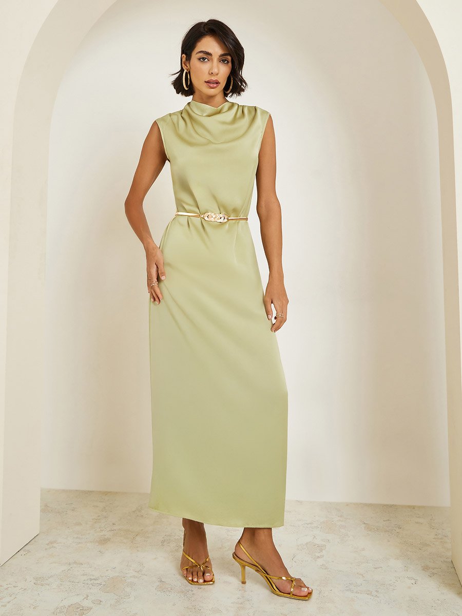 Satin Cape Sleeve Printed Abaya Cowl Neck Maxi Dress with Belt Set