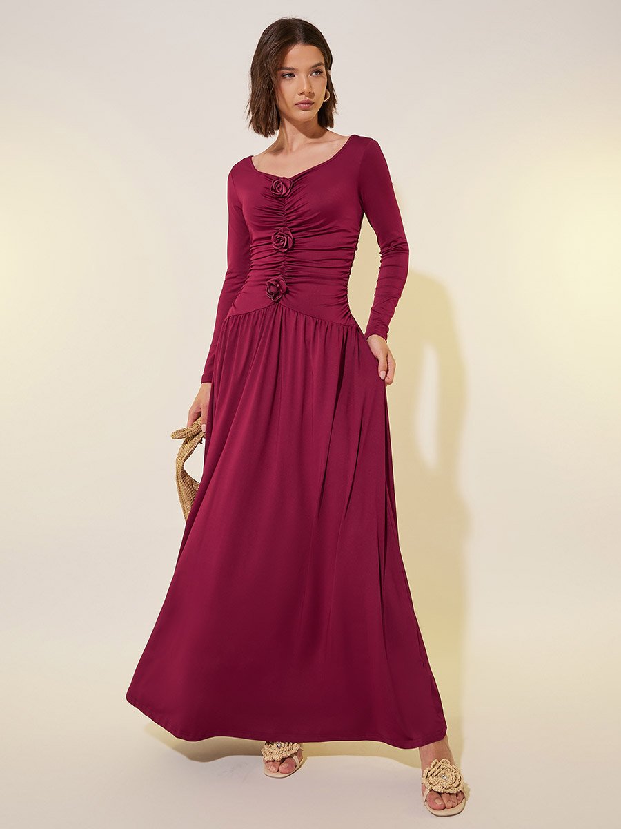 Solid Ruched Square Neck A-Line Maxi Dress with Corsage Detail