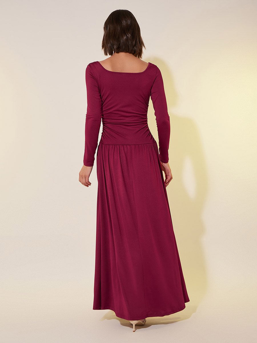 Solid Ruched Square Neck A-Line Maxi Dress with Corsage Detail