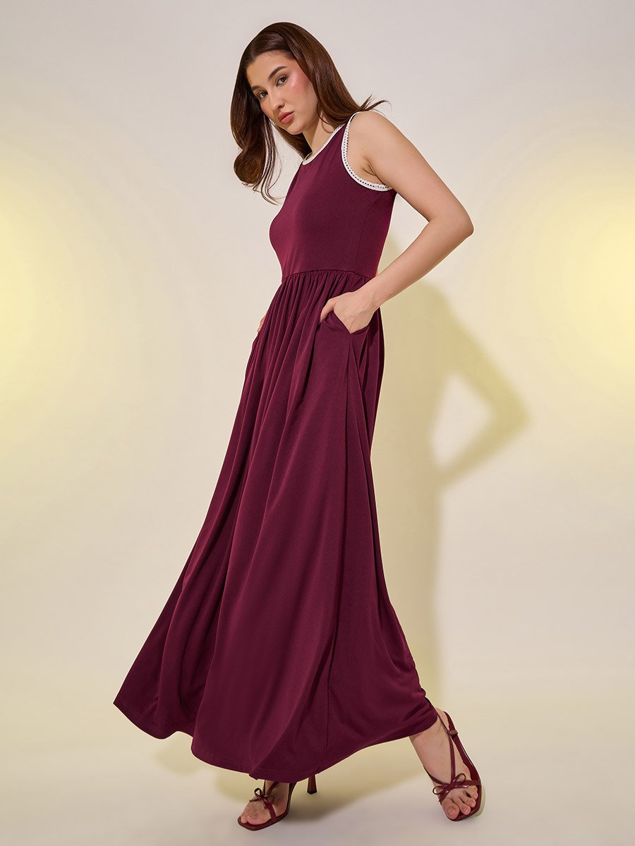 Solid Lace Trim Sleeveless A-Line Midi Dress For Women at Bahrain | Styli