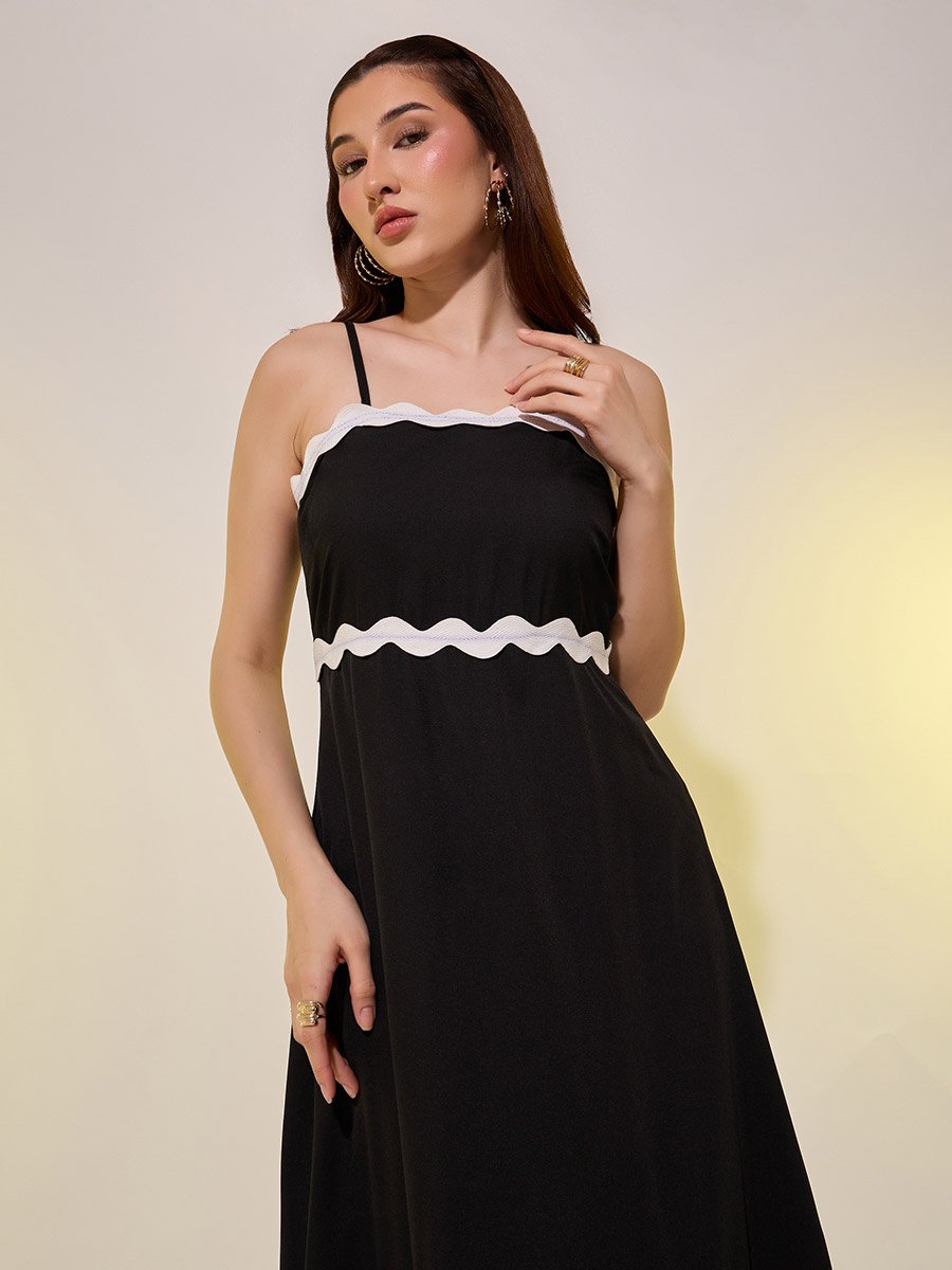 Solid Contrast Lace Trim Strappy A-Line Midi Dress For Women at UAE | Styli