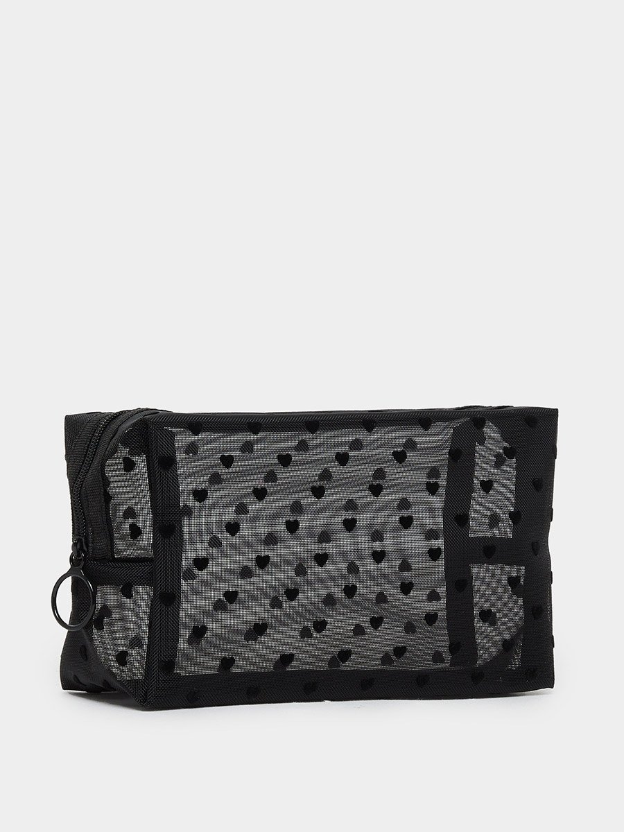 Black Heart Printed Mesh Wash Bag