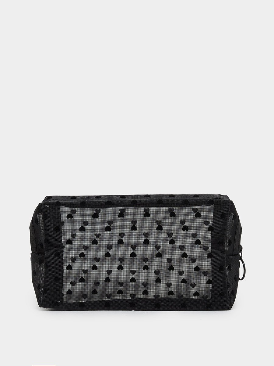 Black Heart Printed Mesh Wash Bag