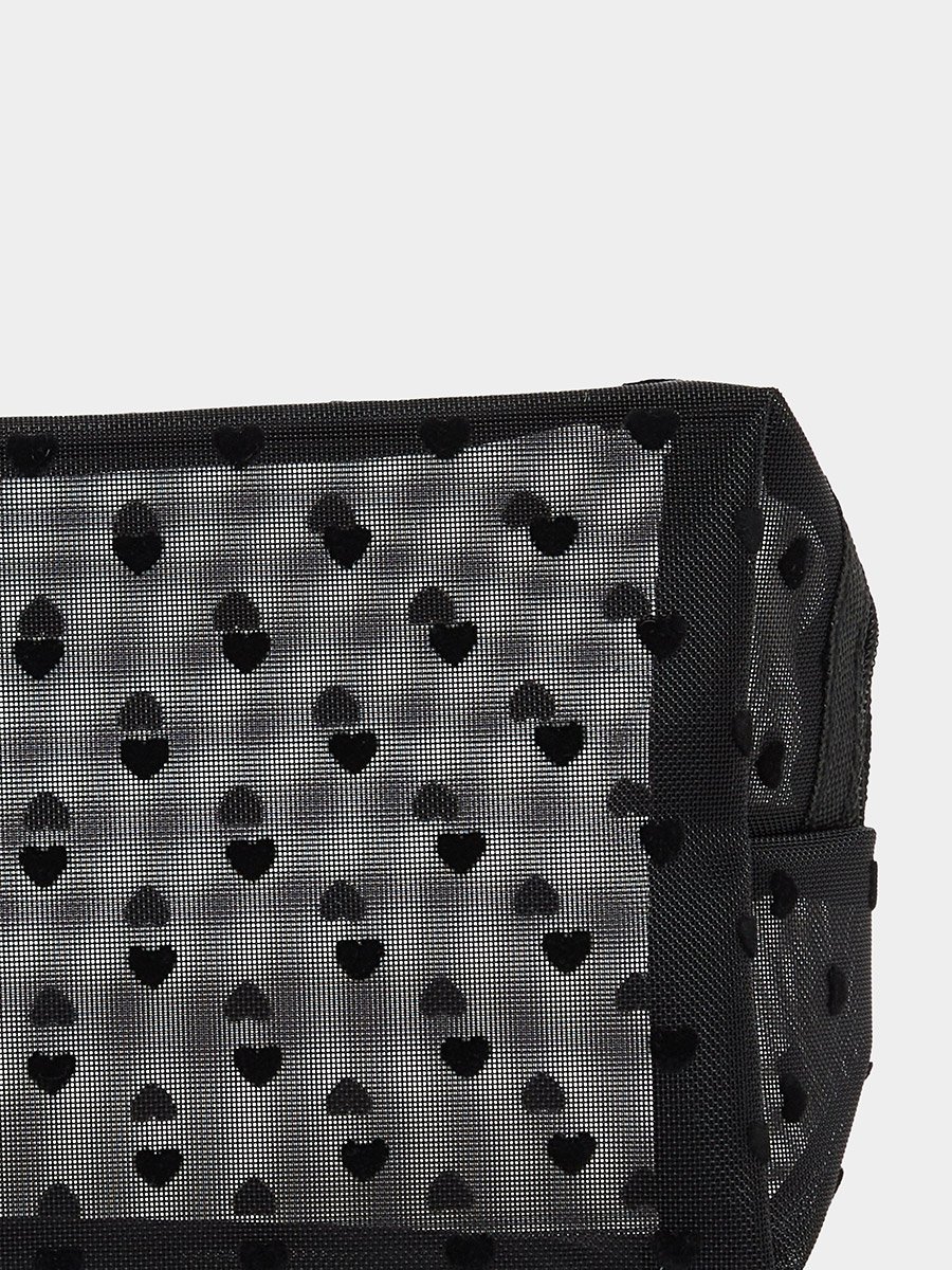 Black Heart Printed Mesh Wash Bag