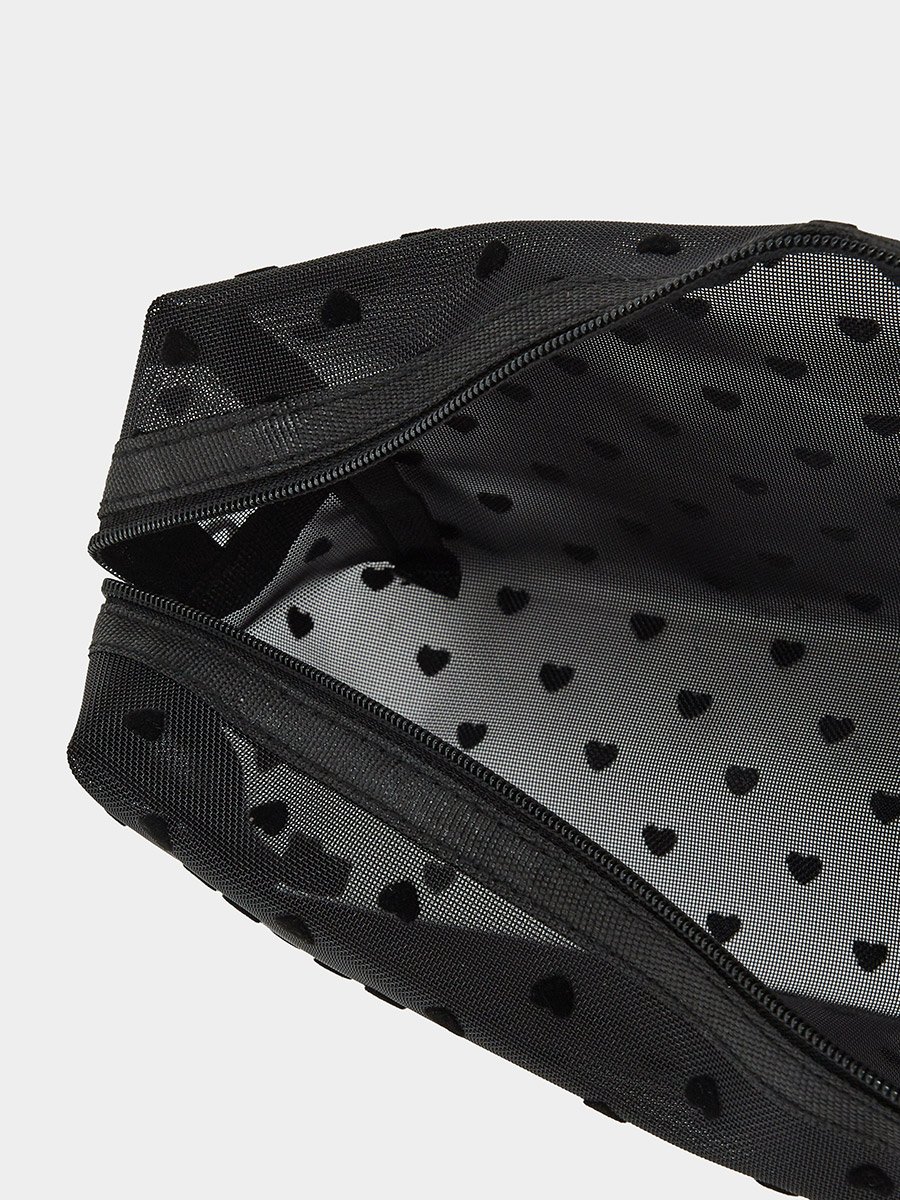 Black Heart Printed Mesh Wash Bag