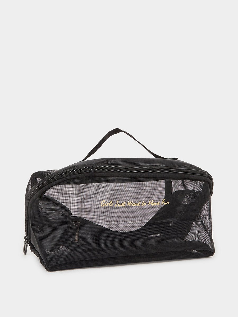 Slogan Print Mesh Wash Bag with Zip Closure