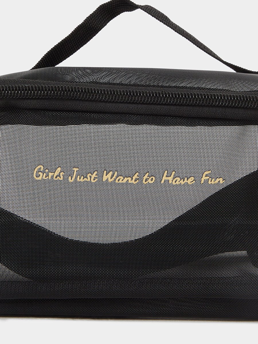 Slogan Print Mesh Wash Bag with Zip Closure