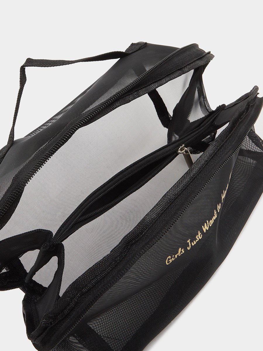 Slogan Print Mesh Wash Bag with Zip Closure