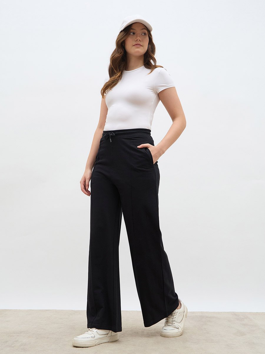 Solid Pintuck Detail Straight Fit Joggers with Elastic Waist