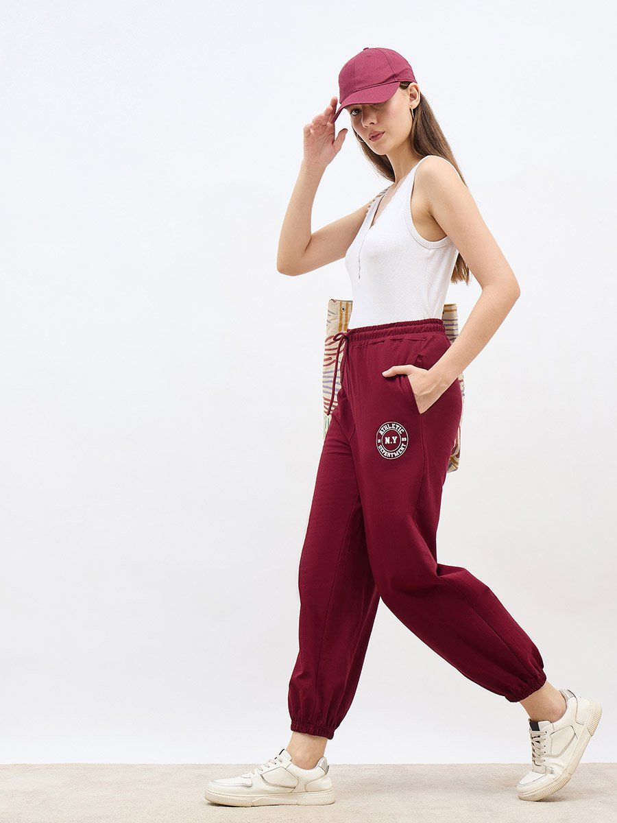 Burgundy Tapered Joggers with Graphic Print