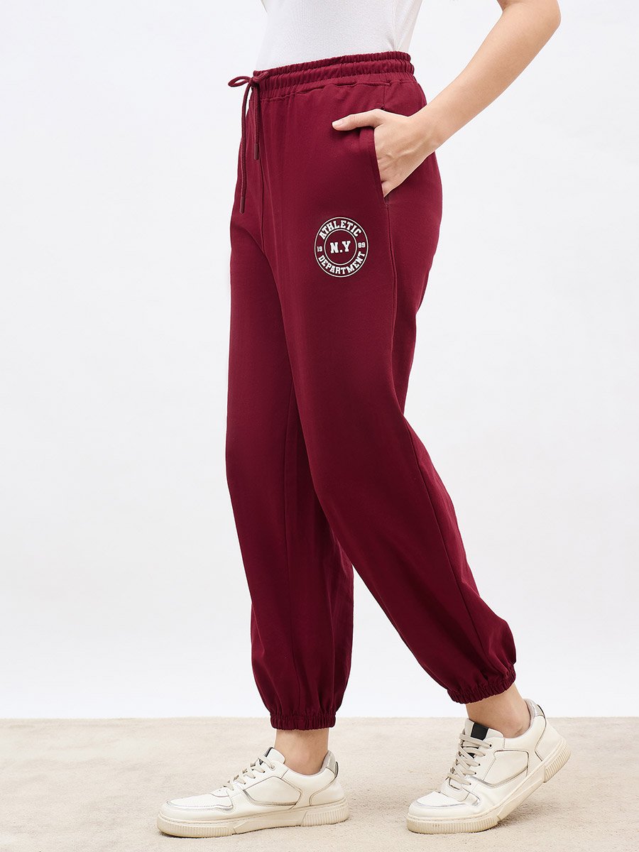 Burgundy Tapered Joggers with Graphic Print
