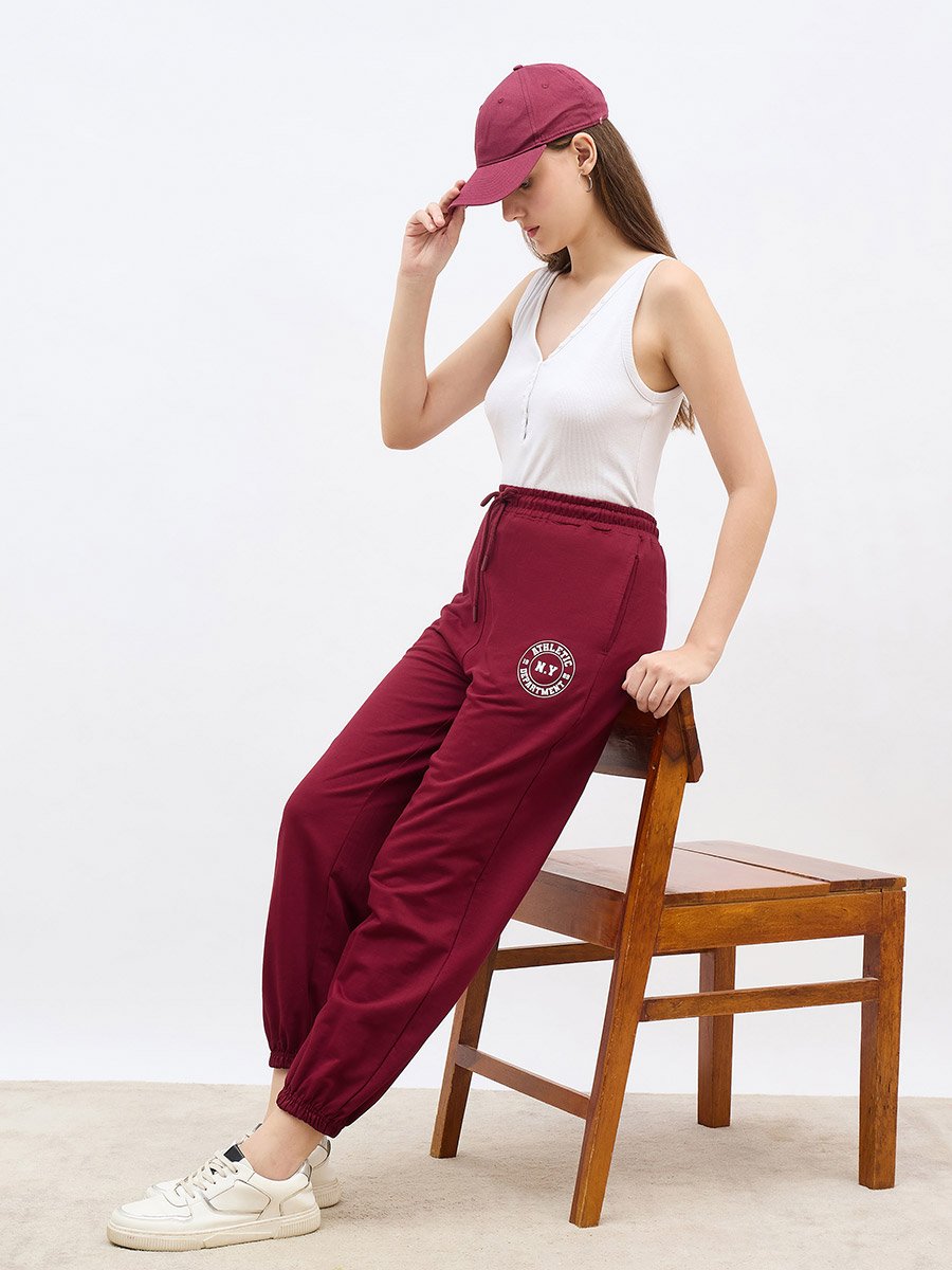 Burgundy Tapered Joggers with Graphic Print