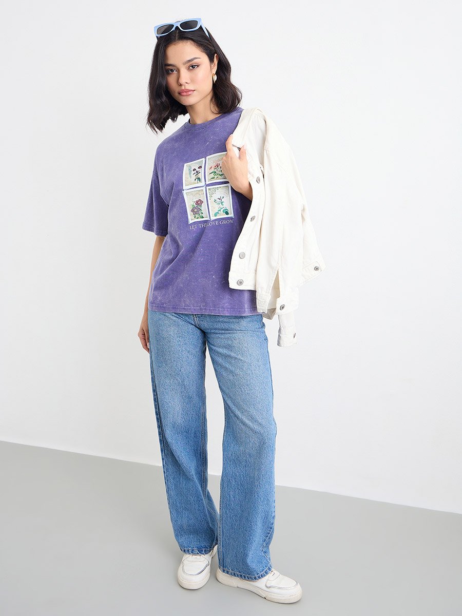 Purple Acid Washed Oversized 100% Cotton T-Shirt