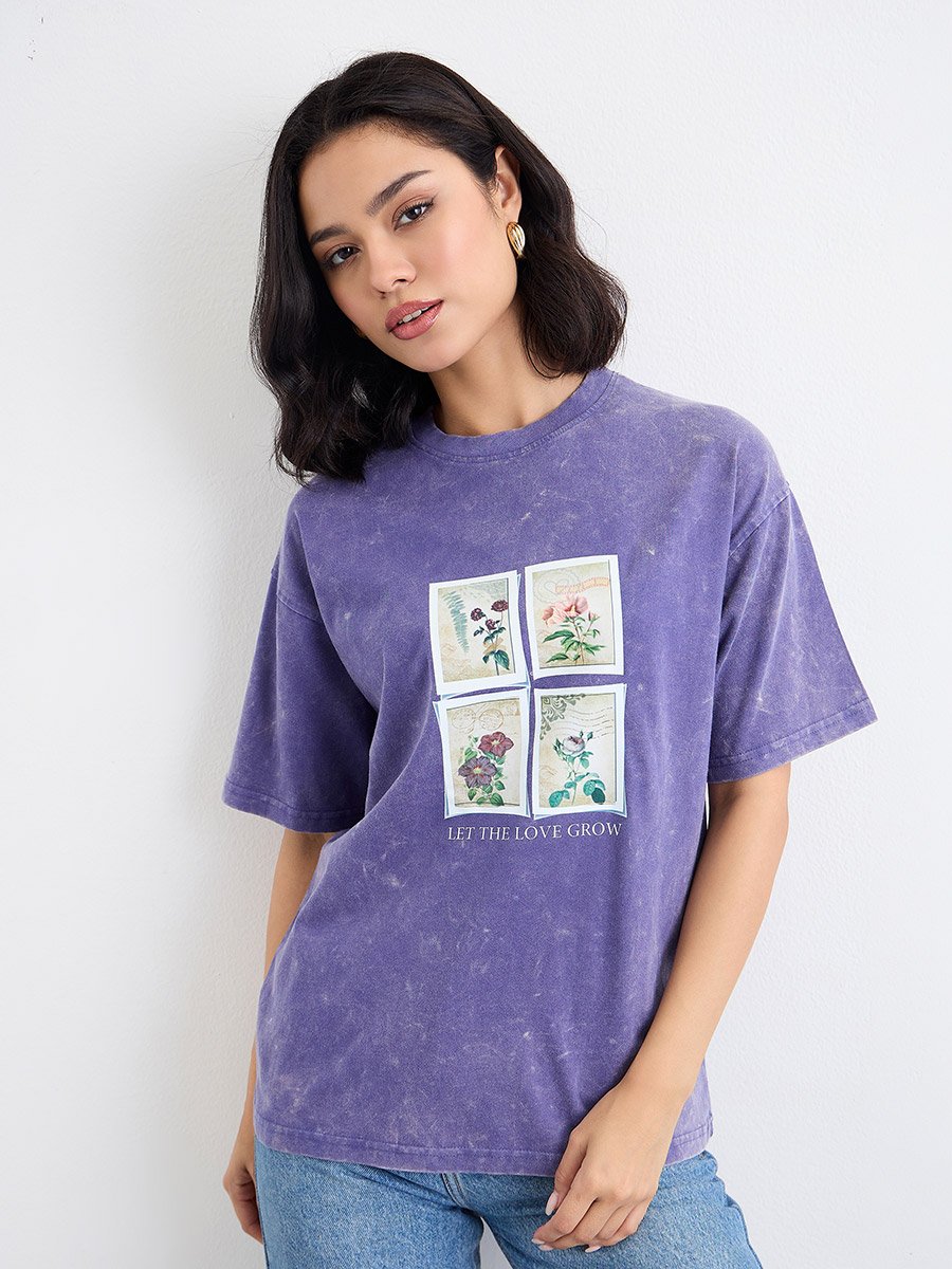Purple Acid Washed Oversized 100% Cotton T-Shirt