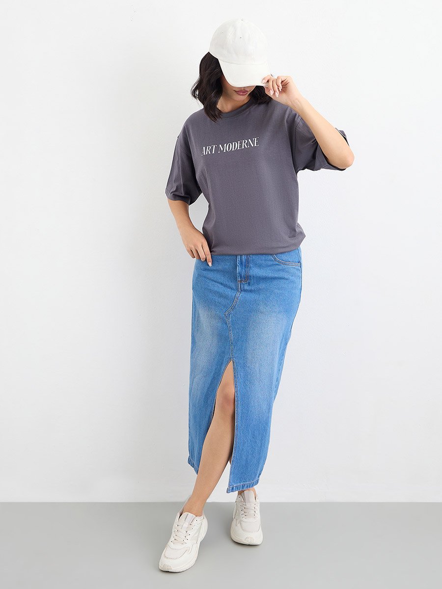 Charcoal Graphic Print Oversized 100% Cotton T-Shirt